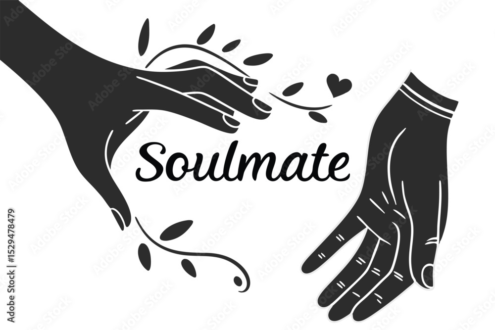Fototapeta premium Intertwined fingers with soulmate text black and white hand design