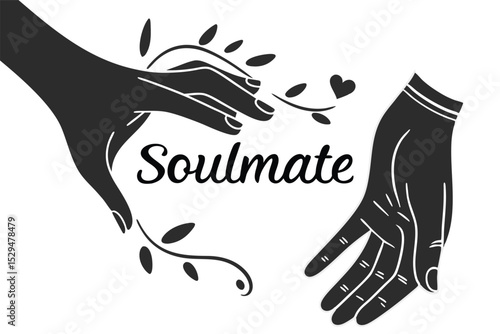 Intertwined fingers with soulmate text black and white hand design