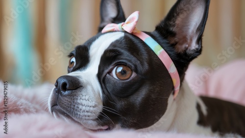 Closeup Portrait of Boston Terrier Dog Wearing Pastel Headband on Pink Surface
