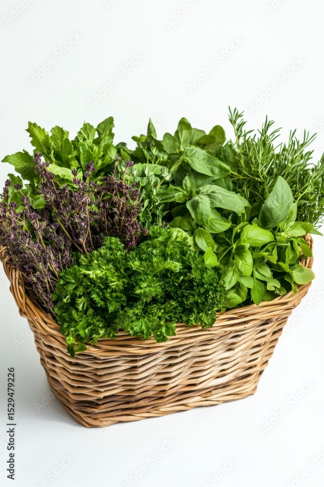 Fototapeta premium Fresh Herb Basket with Diverse Greenery for Culinary Use and Decoration