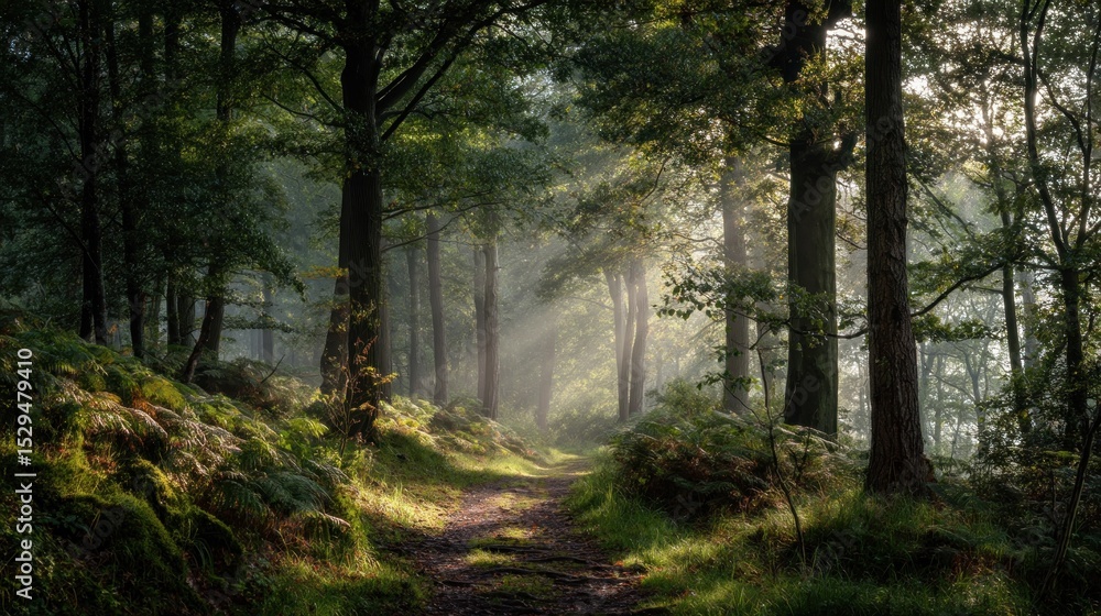 Obraz premium Mystical Forest Path: Sunbeams through Ancient Trees