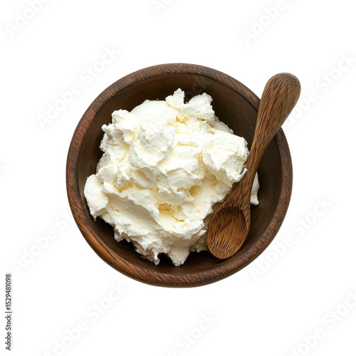 Creamy Mascarpone Cheese in Wooden Bowl with Spoon