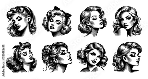 retro pinup girl face drawing bundle