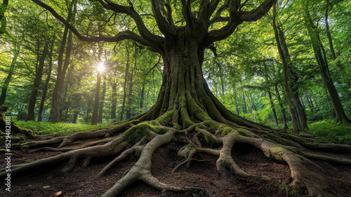 A monumental ancient tree dominates the forest with its thick trunk and sprawling roots protruding above the earth