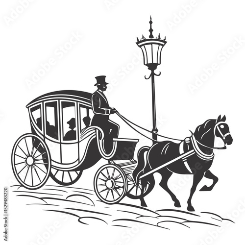 Victorian horse drawn carriage silhouette isolated on white background