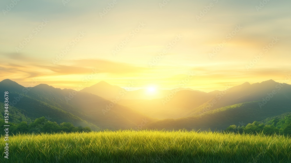 Naklejka premium Breathtaking mountain vista serene grassy field with majestic peaks in the background