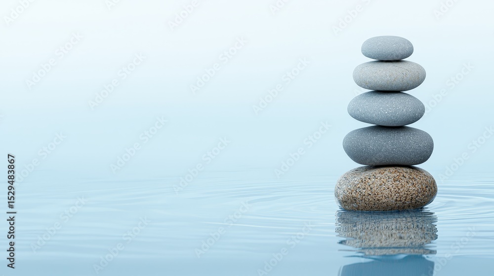 Balancing stones on tranquil waters serene landscape of peace and harmony Balancing stones on tranquil waters serene landscape of peace and harmony