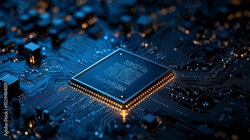 Intricate circuit board and chip closeup examination of electronic components technological innovation