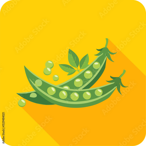 Fresh Green Peas with Pods on Yellow Background , Healthy Food Illustration
