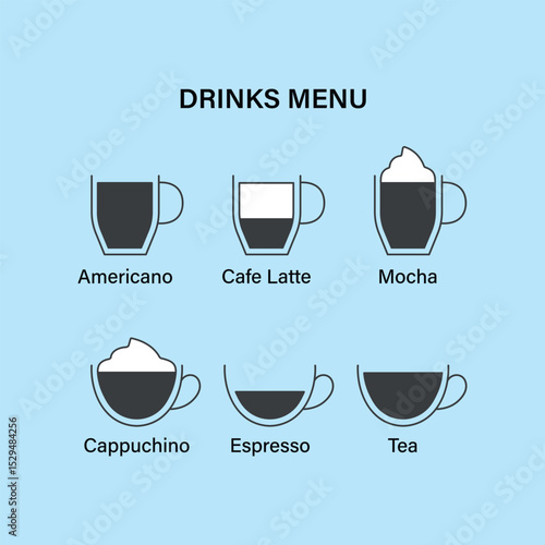Hot drinks menu icons with beverages: Americano, Cafe Latte, Mocha, Cappuccino, Espresso, and Tea. Modern flat vector design is perfect for coffee shops, cafes, and menus.