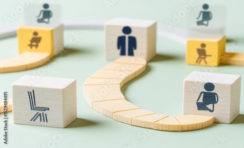 Wooden blocks form a path, symbolizing career progression or networking