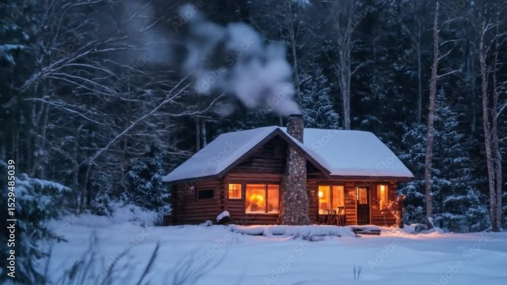 Cozy winter cabin scene with smoke rising, surrounded by snow-covered trees at night Cozy winter cabin scene with smoke rising, surrounded by snow-covered trees at night