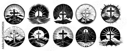 round cross emblem religious design bundle