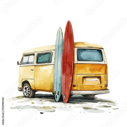 Camper Van Beach Surfboards, watercolor vector, high quality, isolated on a white background.