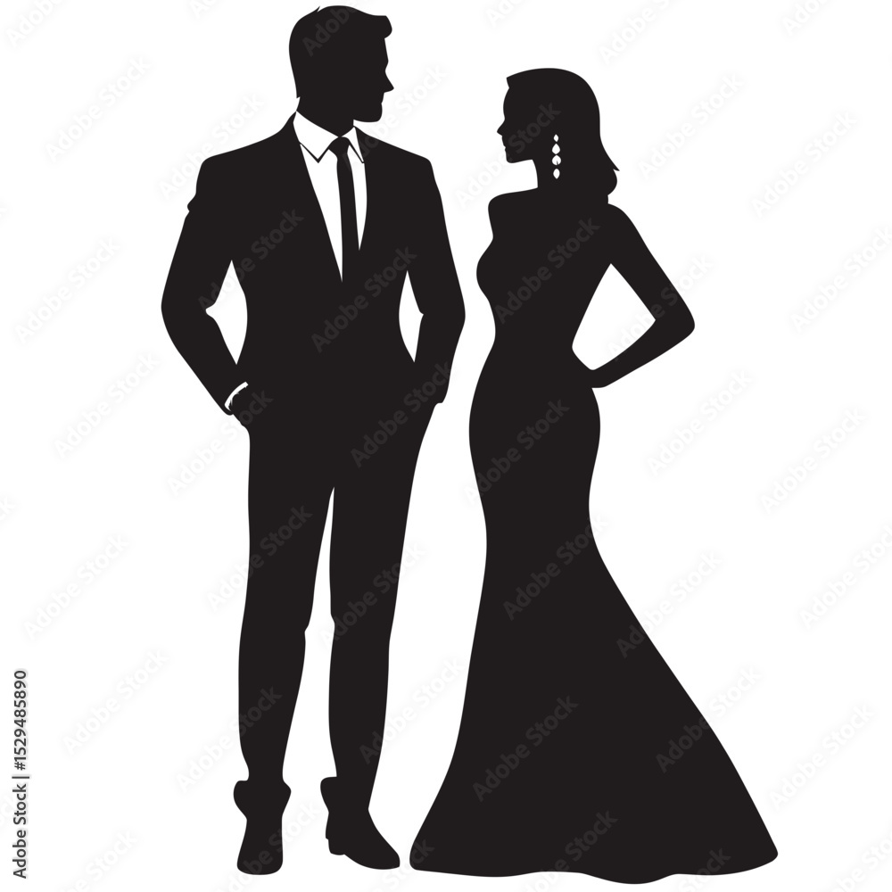 custom made wallpaper toronto digitalSilhouettes of elegant man in suit and woman in evening gown posing together in minimalist flat vector style with accessories and formal attire