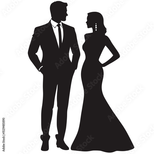 Wallpaper Mural Silhouettes of elegant man in suit and woman in evening gown posing together in minimalist flat vector style with accessories and formal attire Torontodigital.ca