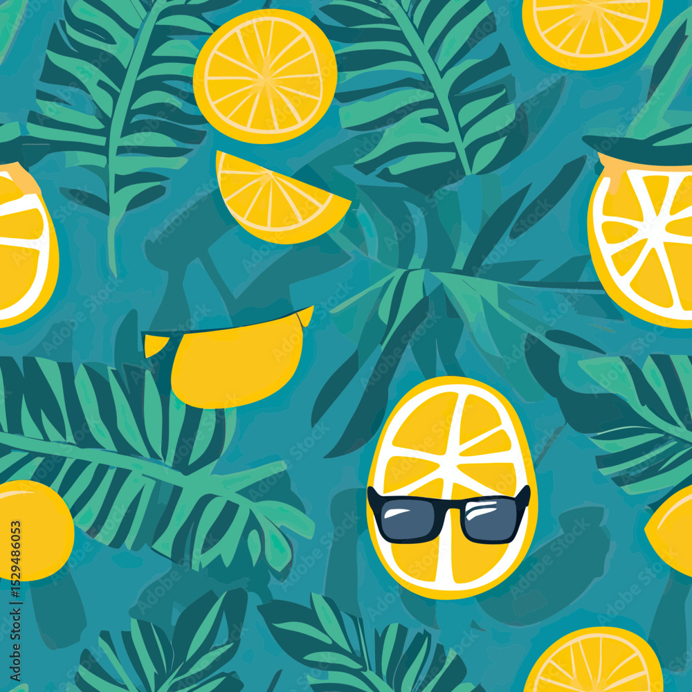 Naklejka premium Seamless tropical pattern with lemon slices and green palm leaves in flat minimal vector style for summer background design