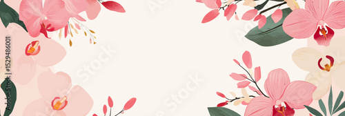 Pink orchid flowers frame with green leaves and soft tones floral elements for elegant wedding invitation background vector illustration