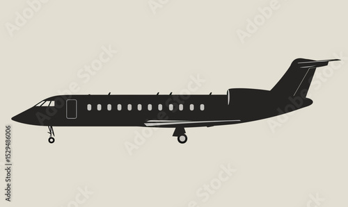 Silhouette of private jet airplane side view with landing gear extended in flat minimalist style vector illustration for aviation and travel concept