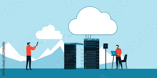 Cloud computing server racks with two male technicians working on laptop and smartphone in outdoor mountain environment flat vector illustration technology network data storage concept