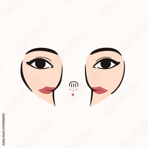Minimalist flat vector illustration of two stylized female faces with dark eyes, red lips, and modest nose details on white background, abstract beauty concept