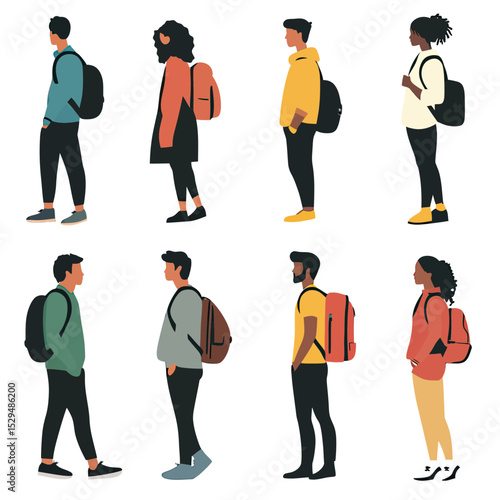 Diverse young men and women standing in profile wearing backpacks casual clothing flat minimalist vector illustration on white background
