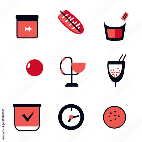 Flat minimalist vector icons set of diabetes management items including insulin vial, glucose meter, hypodermic needle, pills, medical cup, timer, and lancet device in red and black color scheme