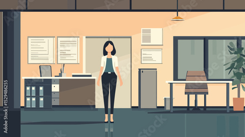 Female office worker standing inside modern minimalist office interior with desk, chairs, filing cabinet, documents, and potted plant in flat vector style