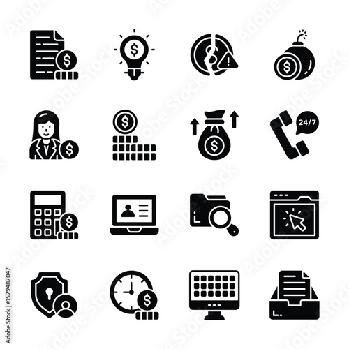 Easy to edit pack showing accounting and finance services glyph icons