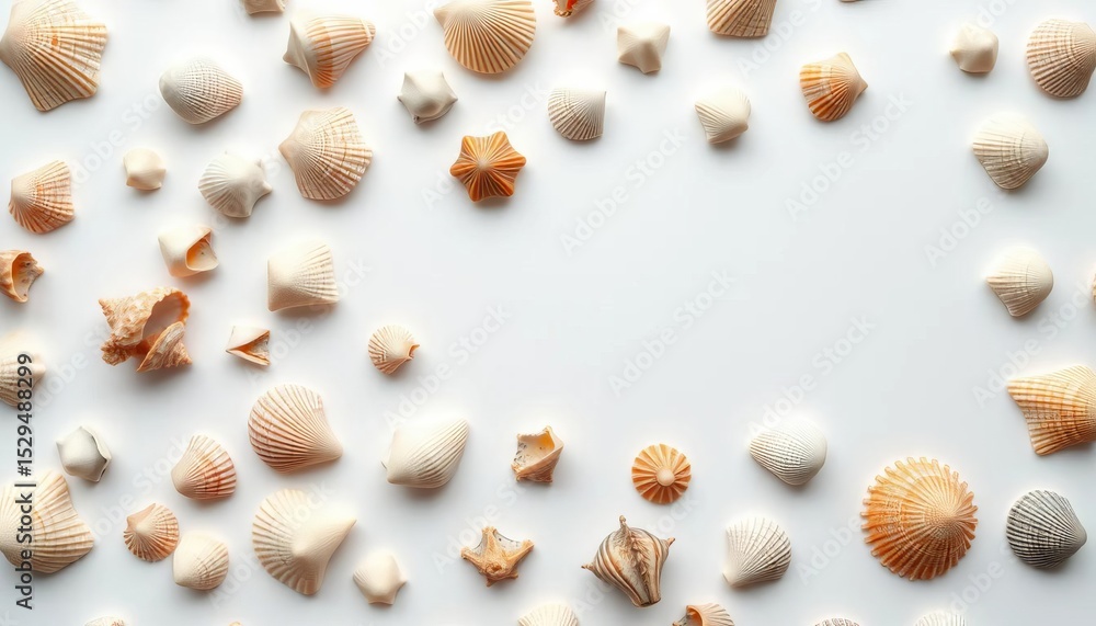 Obraz premium Neatly arranged seashells on pristine white background, tide, minimal