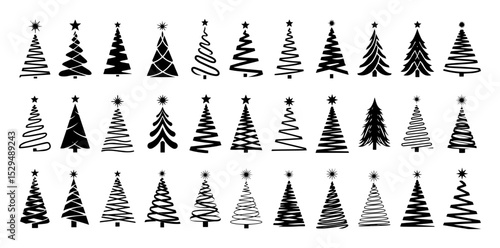 large set of decorative christmas tree icons in various styles