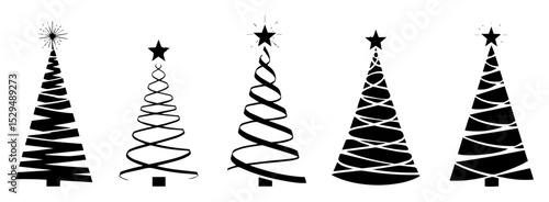 stylized christmas trees with spiral and star designs