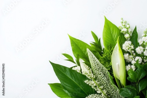 Floral arrangement with green leaves and white flowers for decoration and greeting cards.