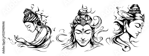 hand drawn female buddha portrait vector set