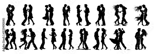 couple dance and romance silhouette vector set