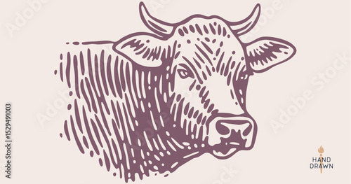 Cow head, bull, beef. Retro style beef bull head sketch, vintage cow drawing black white, old ink pencil artwork. Bull silhouette, side view cow head profile, engraved beef print. Vector Illustration