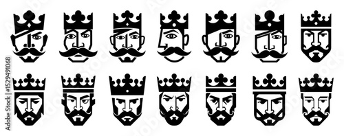 vintage king face icon set with crowns