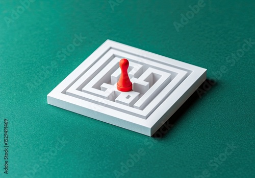 Red game piece in a white maze on a teal surface