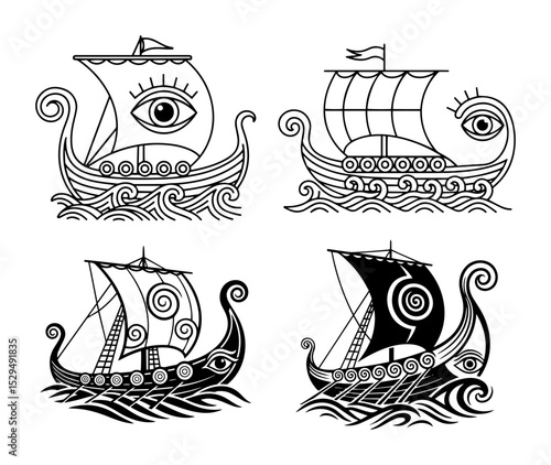 hand drawn set of viking ships with decorative sails