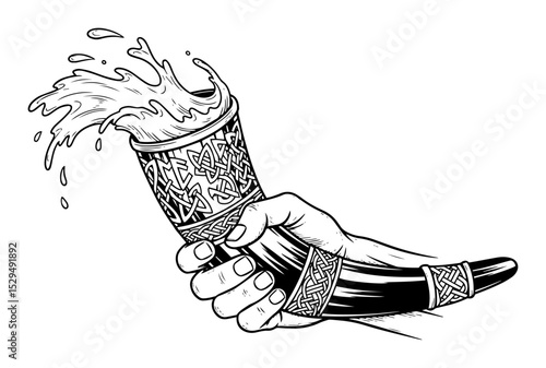 viking hand holding decorated drinking horn with mead