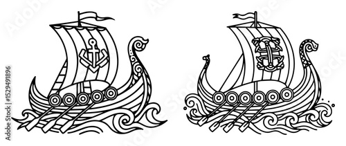vintage style viking drakkar ships illustration