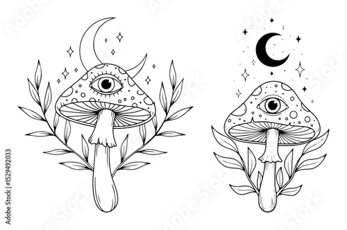 mystical mushrooms with third eye and moon elements