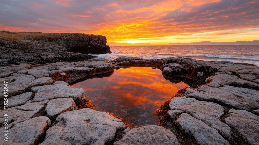 Obraz premium A breathtaking sunset casts vibrant colors across the horizon while reflecting on a tranquil pool of water surrounded by rugged rocks, showcasing nature's beauty at dusk.