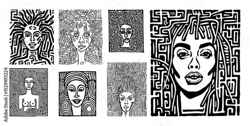 abstract maze faces in tribal and surreal style