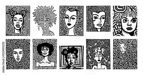 artistic abstract portraits in hand drawn maze style