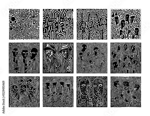 tribal inspired abstract face illustrations in maze style