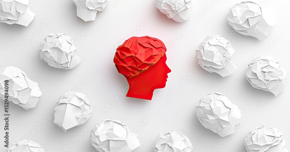 Naklejka premium Red brain profile amidst crumpled white heads