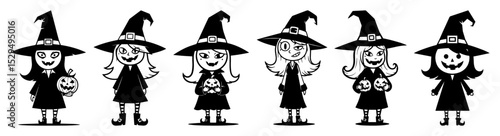 cute cartoon witches with pumpkins for halloween
