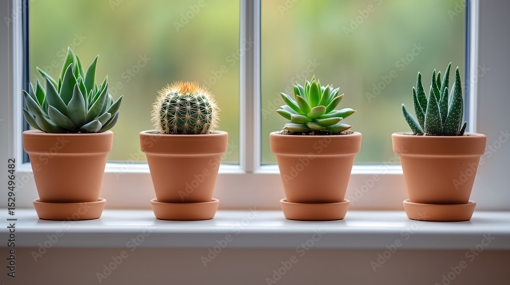 Fototapeta premium Four small potted succulents and cactus plants decorating a window sill