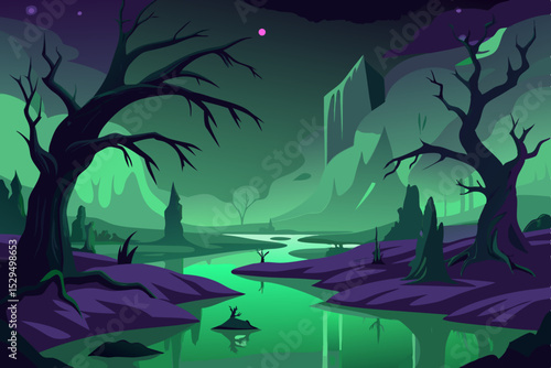 Eerie green swamp landscape with bare trees